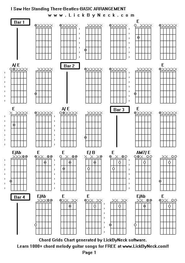 Chord Grids Chart of chord melody fingerstyle guitar song-I Saw Her Standing There-Beatles-BASIC ARRANGEMENT,generated by LickByNeck software.